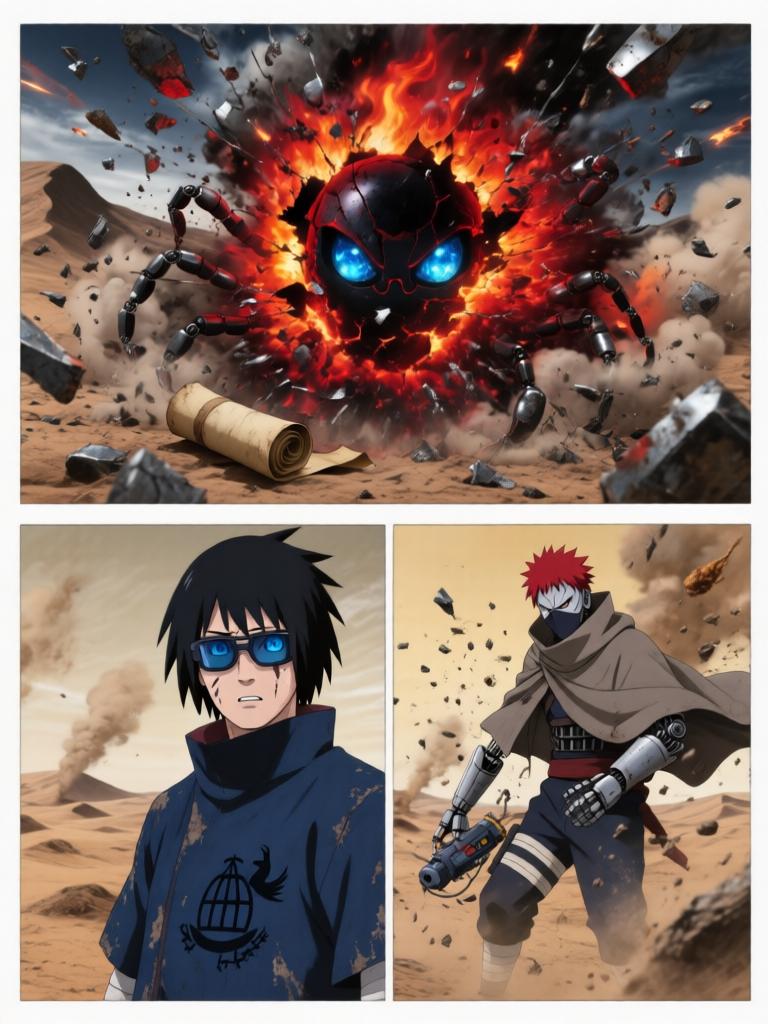 第5章:铁砂之舞与断线的假面
日向镜用轮转如意试图吸来赤砂之蝎，本以为能以此扭转劣势，结果吸来的竟是三代风影的人傀儡，查克拉线被扯断。傀儡自爆与漫天铁砂令沙场大乱，赤砂之蝎借机施展更多机关，局势危急。危急时刻，大蛇丸现身打断战局，蝎趁乱撤退，日向镜在硝烟中守住了三代风影的秘密，但新的威胁与谜题浮现。 - 图片10