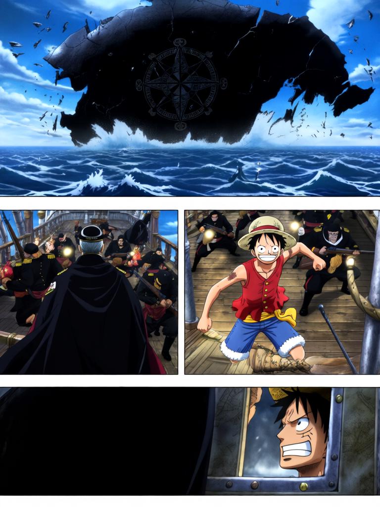 第5章:舵影之下的回归
舱内三人被束缚，敌方准备以草帽与“D”的血发动古老仪式。娜美与罗宾合力突围，将草帽试图戴回路飞，海心罗盘爆发幽蓝光芒唤醒海上的巨大舵影。舵影浮现，三人面对古老力量并肩应战，真相与毁灭的边缘一触即发。 - 图片11