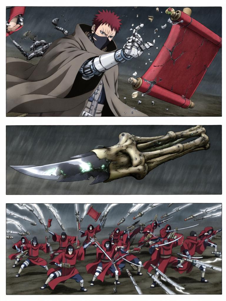 第6章:铁砂之下的抉择
日向镜在战场中被迫激活三代风影人傀儡以自保，赤砂之蝎召出十具红袍傀儡发动毒刃远程攻势。铁砂护盾连番承受骨质千本的撞击，形势愈发危急，日向镜不得不冒着生命危险注入转生眼查克拉唤醒傀儡的自主性以求突围。结尾以疲惫却决绝的日向镜与傀儡守护被毒侵蚀的秘密，留下未解的追击威胁与新的谜团。 - 图片10