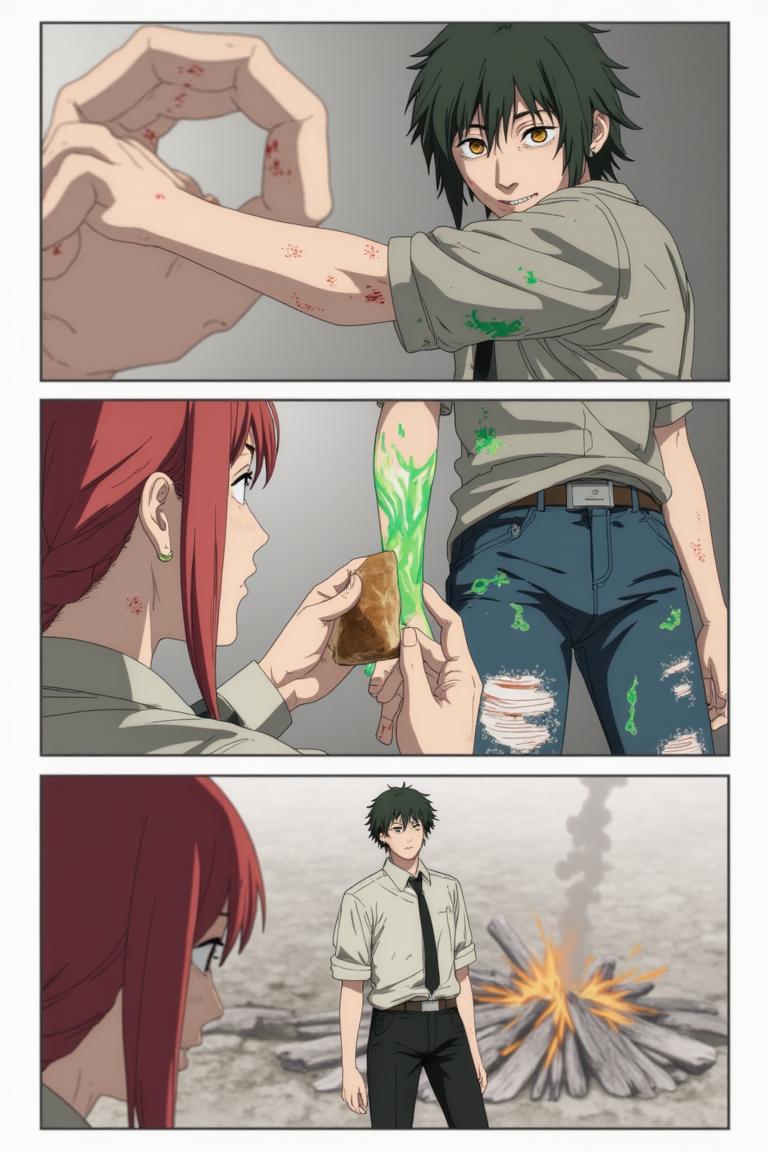 第4章:Red Maw, Green Remedy
Shisan is slammed and trapped by the flexible, brutal arms of the Zombie Demon as his regenerative Viridian Devil struggles to keep him whole. The Claw Devil and the Gluttony (Famine) Devil intervene in a savage ballet of tearing flesh and roaring hunger, turning the fight into an all-consuming purge. Exhausted and half-destroyed, Shisan collapses unconscious — only to be cradled and prodded awake by a calm woman with a braid who calls herself Makima. - 图片17