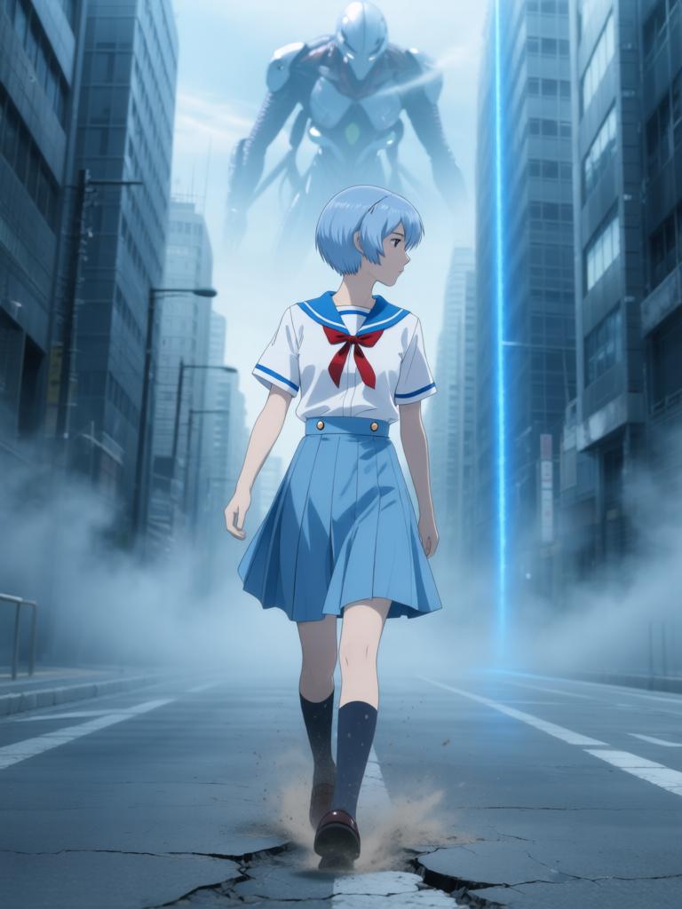 第2章:虚雾之际·蓝发幽影
第二新东京市在紧急疏散中陷入死寂，紫发女子急寻那个害羞的少年。少年在街头意外看见神秘的蓝发少女凌波丽，而远方天际出现了巨大的使徒。指挥部在屏幕前冷笑，隐藏的计划悄然启动。 - 图片8