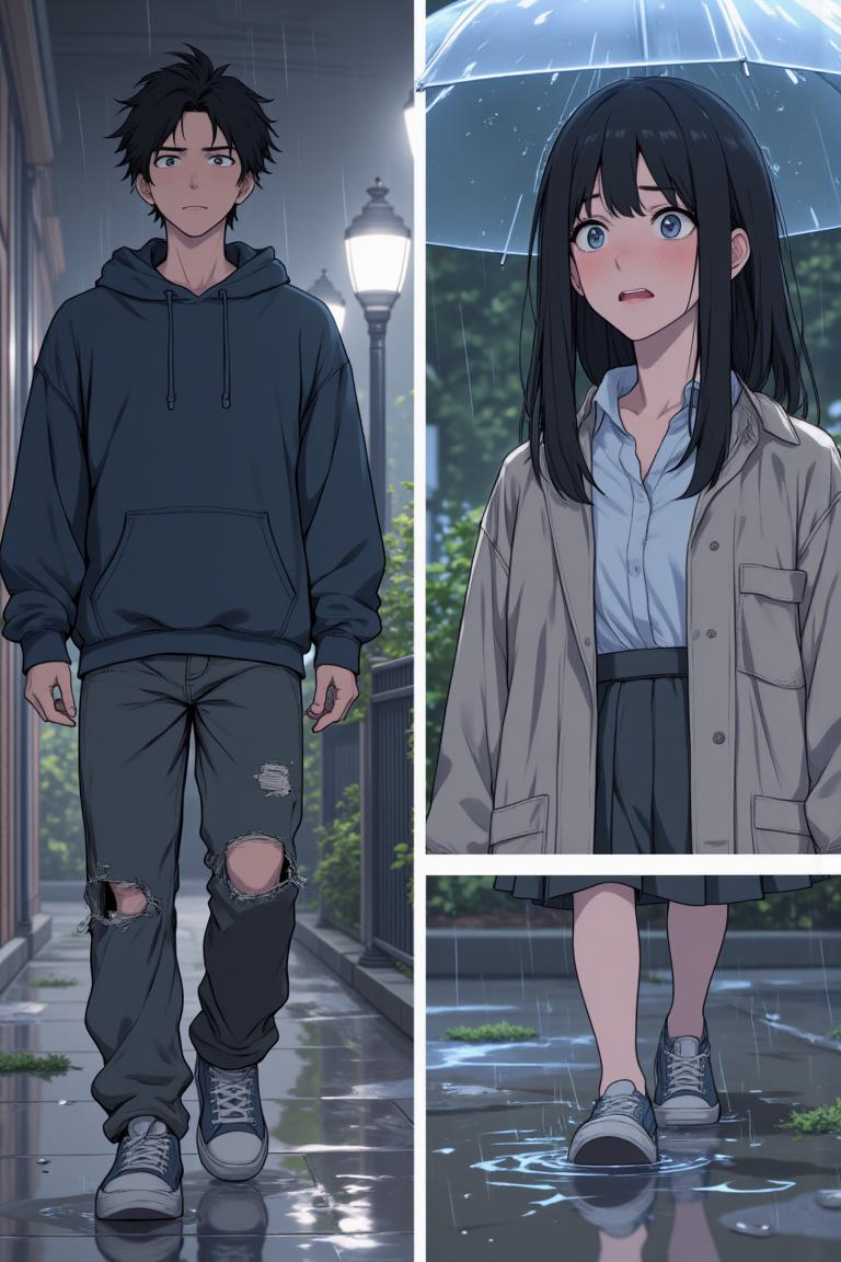 第2章:Rain, Lightning and an Unexpected Meet-cute
Luo Ye leaves the library into a sudden downpour and sees senior Su Baizhou rush out in the rain. He offers her his umbrella; lightning reveals her unexpected fear of thunder. They take shelter, fumble through awkward conversation, and discover via phones that they are linked through mutual acquaintances — turning an ordinary rain delay into a memorable first meeting. - 图片16