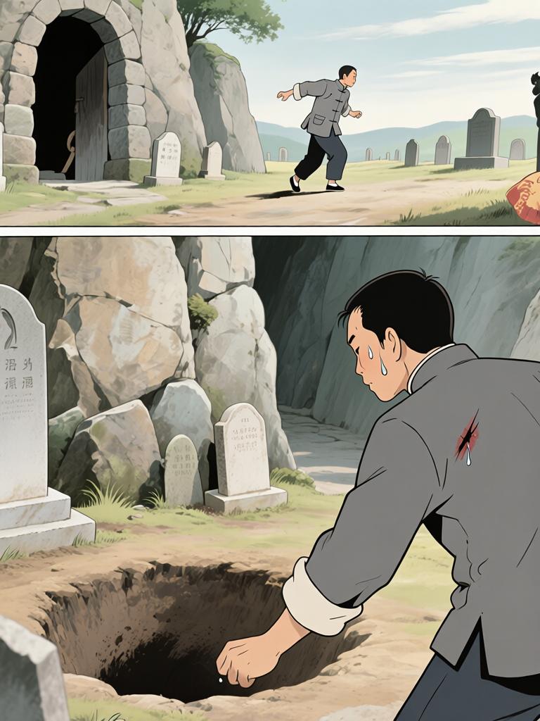 第3章:崖下的坟与承诺
我爷在深山里向我交代万一之事，叮嘱我要在二十四岁回来复仇，并教我如何在他可能牺牲时应对即将从坟中出现的东西。寒风、爆破和白布灯笼构成了这一夜的仪式，我在恐惧中被反复逼着记住每一句话。最后，火堆旁的钟表与他凝固的表情，把等待与不确定拉得更长。 - 图片14