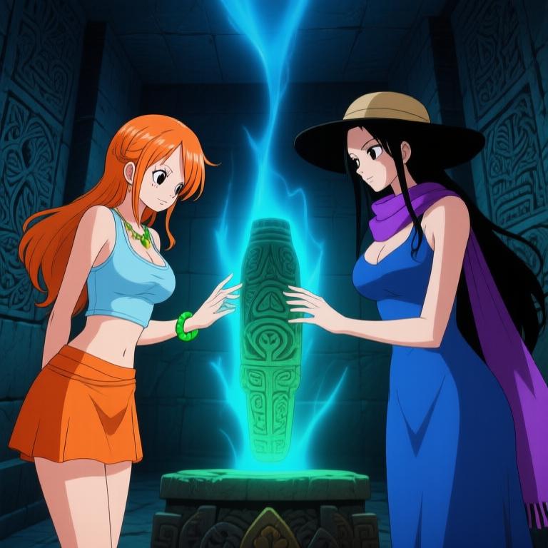 Nami and Robin just touched a glowing artifact, and the chamber is vibrating with energy. I can feel the excitement and tension in the air. Here we go, another adventure awaits us! - 图片1