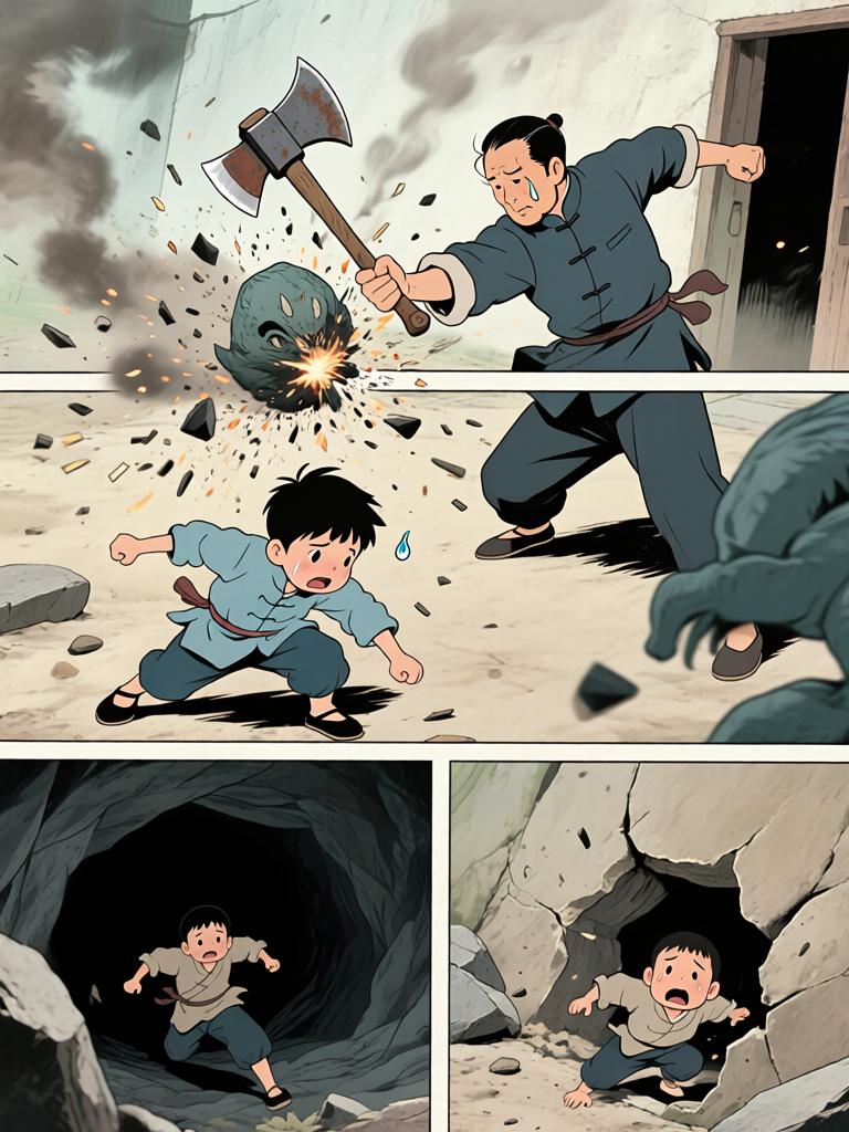 第4章:灯笼下的命心子
夜色中，陈如飞布下爆破，引出洞中的怪物；野子被炸入洞内，举灯挡住来袭生物并被迫深入寻找那生物胸中的命心子。陈如飞为保护野子与怪物搏斗，最终被拖入黑洞，野子带着命心子逃出，决心将来复仇。 - 图片7