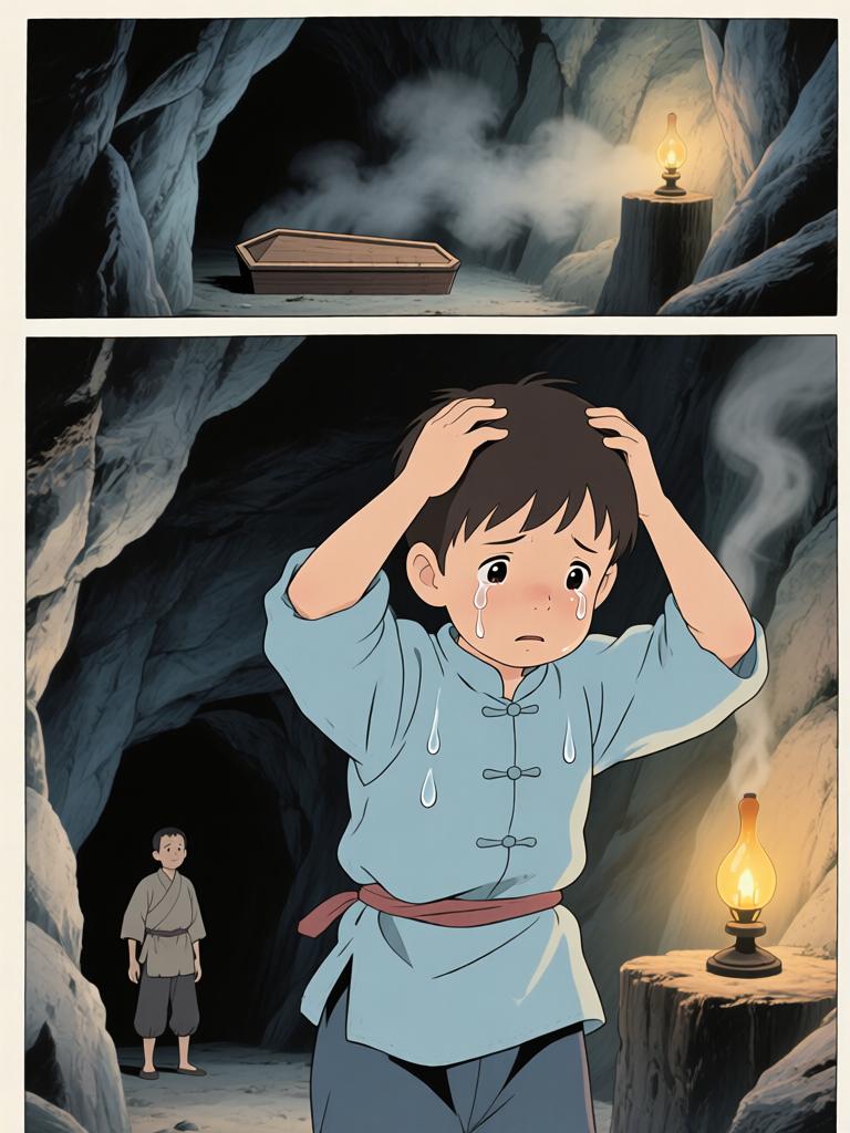 第5章:井底的回魂
野子被我爷放在洞口，用灯笼阻挡外物，他独自下到山洞里寻找命心子。在土台的土坑里挖土时，身后出现熟悉又陌生的声音，逼他回忆起三年前那段模糊又恐怖的记忆。对方宣称当年将他“掐死”，并告诉他脚下埋着当年死时穿的衣服，诱使他继续挖探真相——就在他挖出布片的一瞬，彻底的恐惧袭来，故事推向悬念。 - 图片11