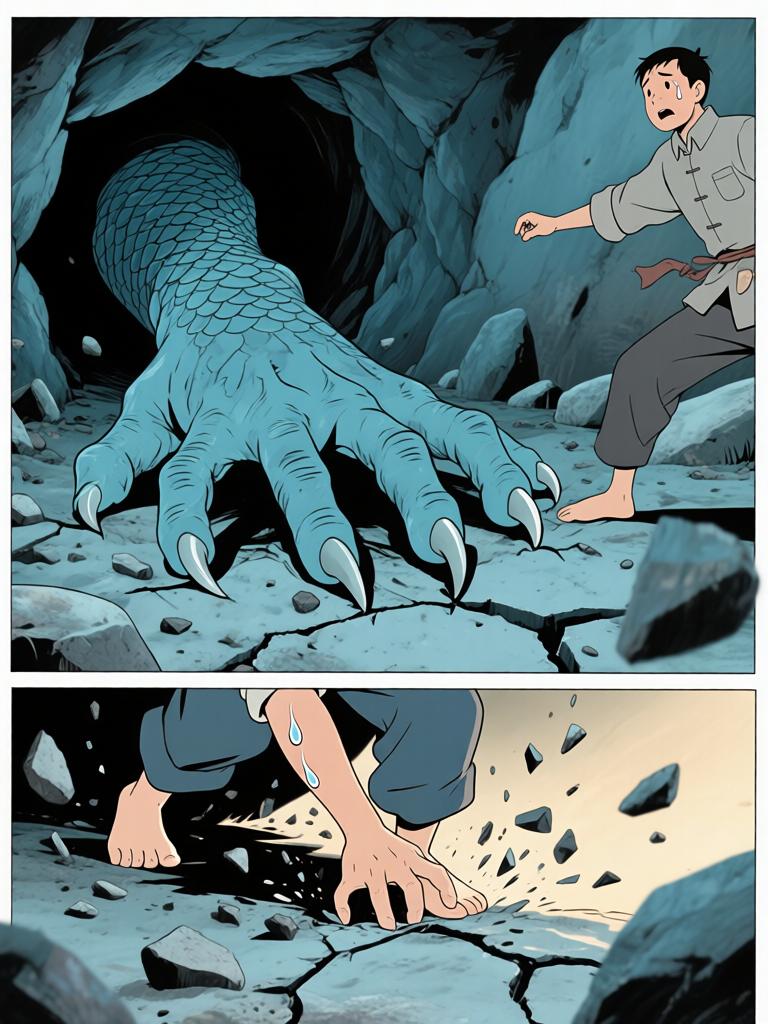 第4章:灯笼下的命心子
夜色中，陈如飞布下爆破，引出洞中的怪物；野子被炸入洞内，举灯挡住来袭生物并被迫深入寻找那生物胸中的命心子。陈如飞为保护野子与怪物搏斗，最终被拖入黑洞，野子带着命心子逃出，决心将来复仇。 - 图片5