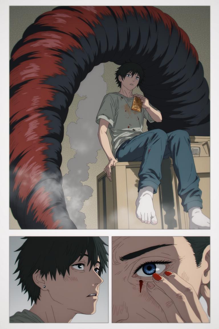 第3章:Two Devils, One Eye
Surrounded by a writhing horde and a towering corpse-mountain, Shisan's two contracted devils manifest: a green, regenerative aura and a colossal crimson claw. He pays the price—losing his right eye—to summon the claw and lashes out, mowing down hordes, but the Zombie Demon bites the claw and retaliates, leaving Shisan wounded and the true fight beginning. Blood, tooth, and smoke set the stage for a desperate duel: Shisan's fury versus the zombified boss that led him into the trap. - 图片4