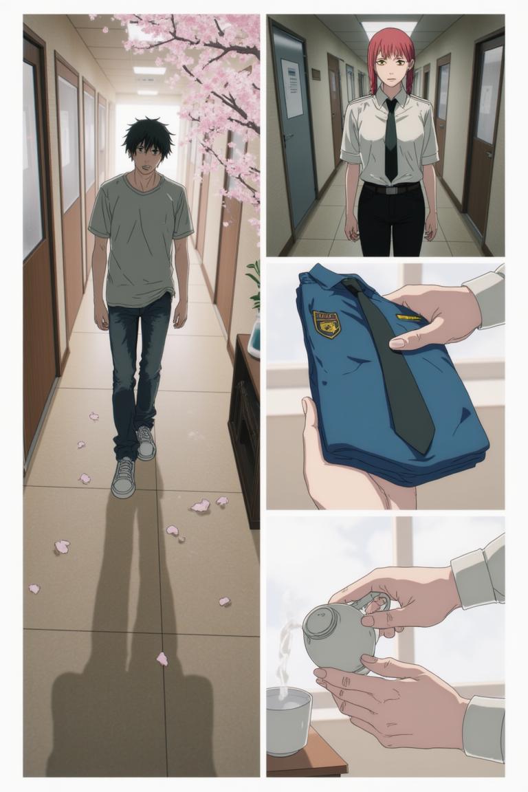 第5章:A New Assignment — Muscle Devil on Kujawano Street
Shisan, still dazed by Makima's unexpected gentleness, accepts bread and a place under her command before being fitted into a Public Safety uniform. He's assigned to Special Action 4 under Hayakawa Aki and leaps onto Aki's motorcycle to a demon assault on Kujawano Street. There, they encounter a towering Muscle Devil — a brutal chase and clash begin that forces Shisan and Aki to retreat into a ruined building as the devil pursues them. - 图片3