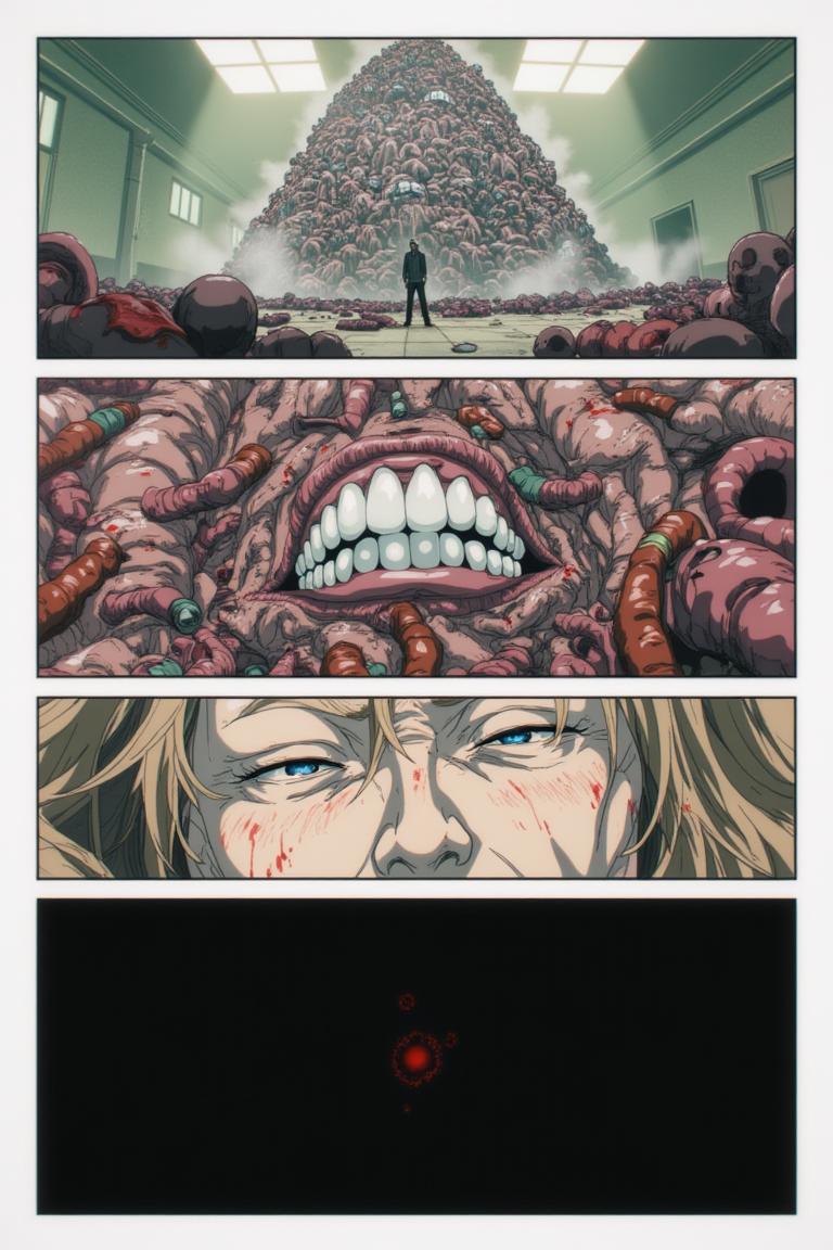 第2章:Debt, Deception, and the Corpse Mountain
Shisan, a starving teenage demon hunter, is hauled into a black-suited crime boss's convoy and learns he's enslaved by a thirty-million debt. Lured into the countryside under the promise that a powerful beast will wipe away half his debt, Shisan and the gang find an apparently haunted, empty house where the boss's men suddenly turn on him. Surrounded by zombified hunters and a towering mound of corpses, Shisan is overwhelmed by a crimson claw — the setup reveals he was led into a trap to be consumed by the very 'zombie demon' he hunted. - 图片18