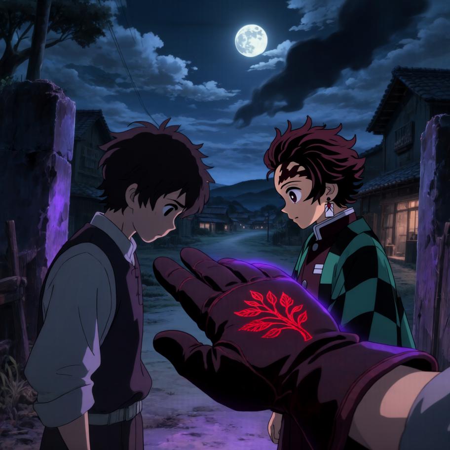 空洞的时空裂缝将《JOJO》中的乔鲁诺/承接者般的硬汉（以空条承太郎风格呈现）抛入《鬼灭之刃》的大正乡村。原本只想寻找回去的方法，却在月夜中遇到突袭村庄的鬼与正在奋战的剑士（炭治郎）。两人从误解到并肩作战，乔的替身介入以惊艳的力量拯救了被感染的孩童，但战后留下了不明的痕迹——一个更大的威胁正在盯上这个异乡来客，片段以悬念收尾。 - 图片13