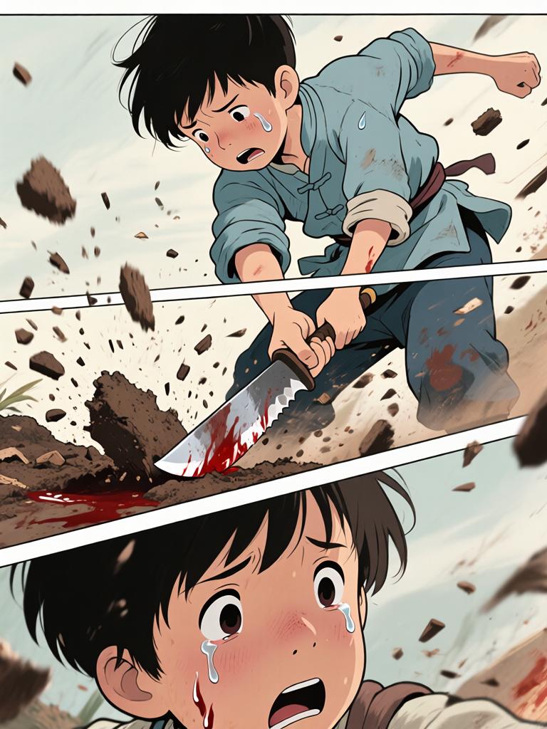 第6章:洞中的衣袖与夜叉的宴席
我在土里挖出当年丢失的新衣，背后冷笑催我继续翻掘。随着木屑与血迹暴露出一张被烫瞎的白眼人脸，灯笼一度熄暗又骤亮，黑影扑来，混乱中我咬下了温热的肉并昏厥。醒来在家中，爷身着白布与黑礼帽，端上煮肉与一根鲜红手指，告诉我吃下才能入门，从此我的命被钩进了不可名状的江湖。 - 图片6