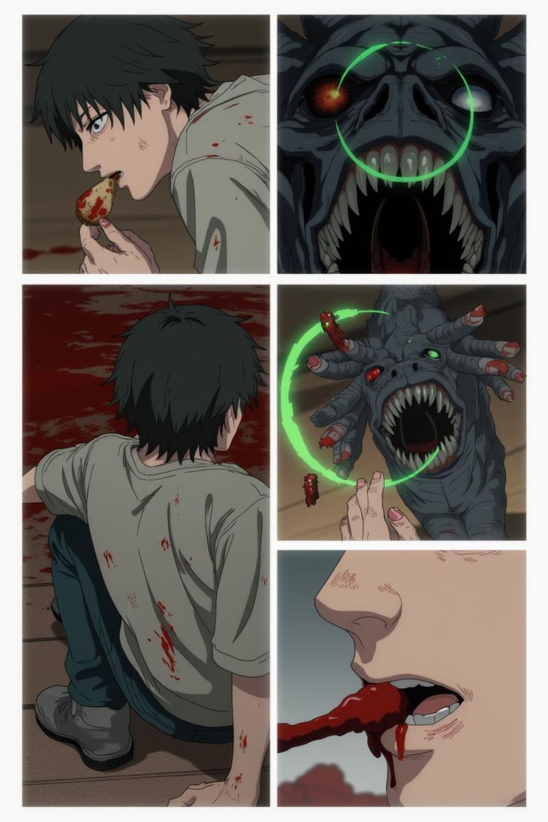 第3章:Two Devils, One Eye
Surrounded by a writhing horde and a towering corpse-mountain, Shisan's two contracted devils manifest: a green, regenerative aura and a colossal crimson claw. He pays the price—losing his right eye—to summon the claw and lashes out, mowing down hordes, but the Zombie Demon bites the claw and retaliates, leaving Shisan wounded and the true fight beginning. Blood, tooth, and smoke set the stage for a desperate duel: Shisan's fury versus the zombified boss that led him into the trap. - 图片13