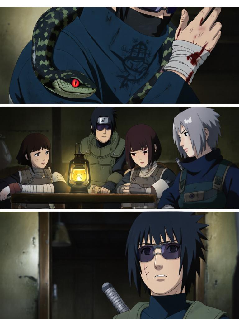 第7章:毁尸与戏码
日向镜在空中果断投掷起爆苦无，将三井中一的尸体炸得七零八落，以断绝赤砂之蝎借尸索索身份线索。回到哨所前，他将三代风影人傀儡伪装成追杀者演出受伤逃回的戏码，引出哨所内人的疑虑与恐惧。尽管暂时掩人耳目，日向镜与哨所同伴意识到更深层的威胁，怀疑有人来自根部，追击与内部裂痕的阴影尚未散去。 - 图片13