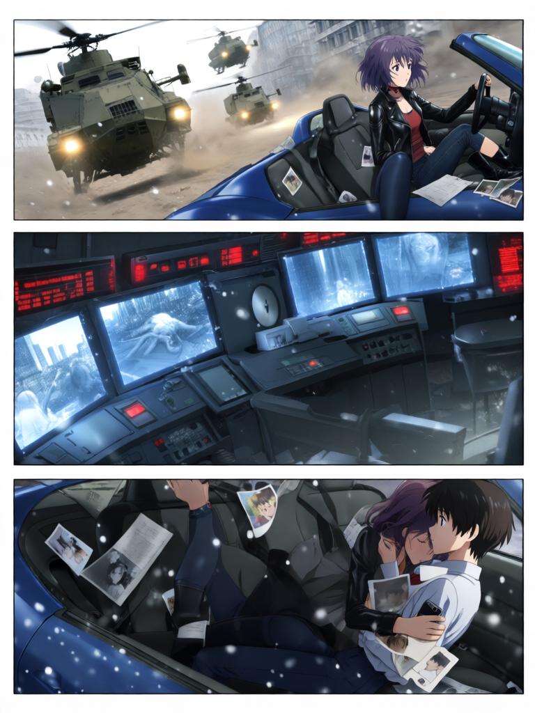 第3章:碎片与救赎的天使圈
空对地导弹射向使徒，却被看不见的屏障挡在前方，使徒反击，战机残骸四散。飞来的碎片朝街头冲来，紫发女子驾车及时横挡救下少年并带他逃离。途中国防部投放的N2地雷引发巨大爆炸，少年被冲击击晕，紫发女子焦急呼喊。 - 图片16