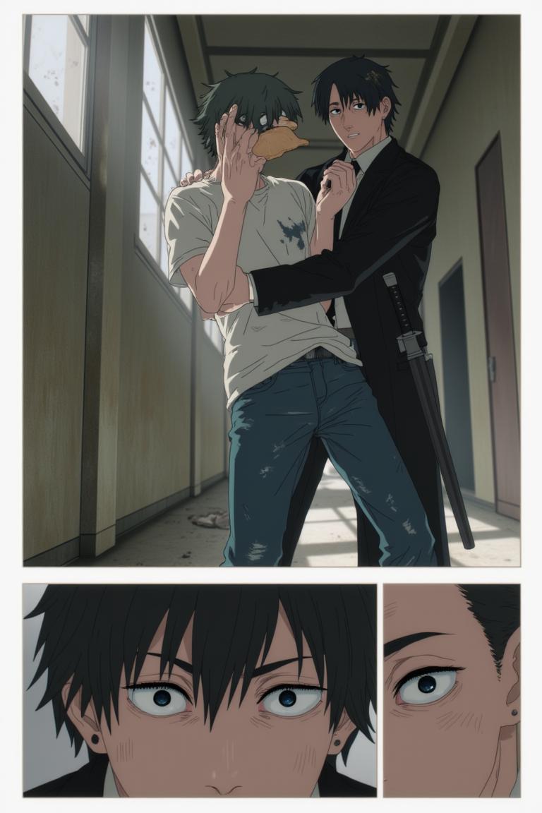 第5章:A New Assignment — Muscle Devil on Kujawano Street
Shisan, still dazed by Makima's unexpected gentleness, accepts bread and a place under her command before being fitted into a Public Safety uniform. He's assigned to Special Action 4 under Hayakawa Aki and leaps onto Aki's motorcycle to a demon assault on Kujawano Street. There, they encounter a towering Muscle Devil — a brutal chase and clash begin that forces Shisan and Aki to retreat into a ruined building as the devil pursues them. - 图片13