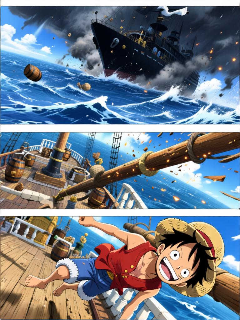 第2章:千阳号的呼救：黑翼罗盘与两位守护者
黑色舰队突然撞向千阳号，路飞被抛起，娜美与罗宾同时伸手相救，触碰之际情感流动。敌方暴露他们要“D”的血作为钥匙，放出能抑制橡胶能力的黑色网。娜美与罗宾放下争执并肩拆除抑制装置，路飞怒吼迎敌，海心罗盘指针直指他胸口，旗舰下令：把他带上船来。 - 图片1