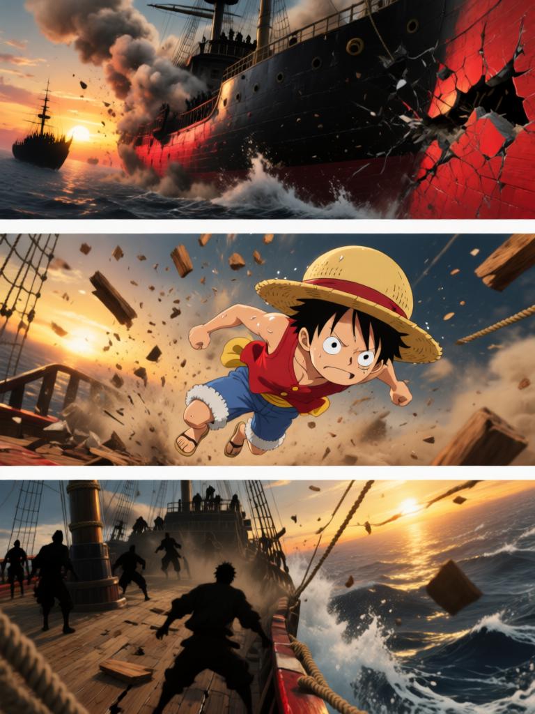 第3章:千阳号的锤音：草帽的回响
黑色舰队撞击千阳号，路飞被抛起，娜美与罗宾几乎同时伸手救他，三人之间的情感在危机中爆发。敌方欲以“D的血”和草帽为钥，旗舰下令夺取草帽。草帽在夕阳下发出异光，甲板上形成一瞬的迟疑，战斗与秘密同时走到悬崖边。 - 图片1