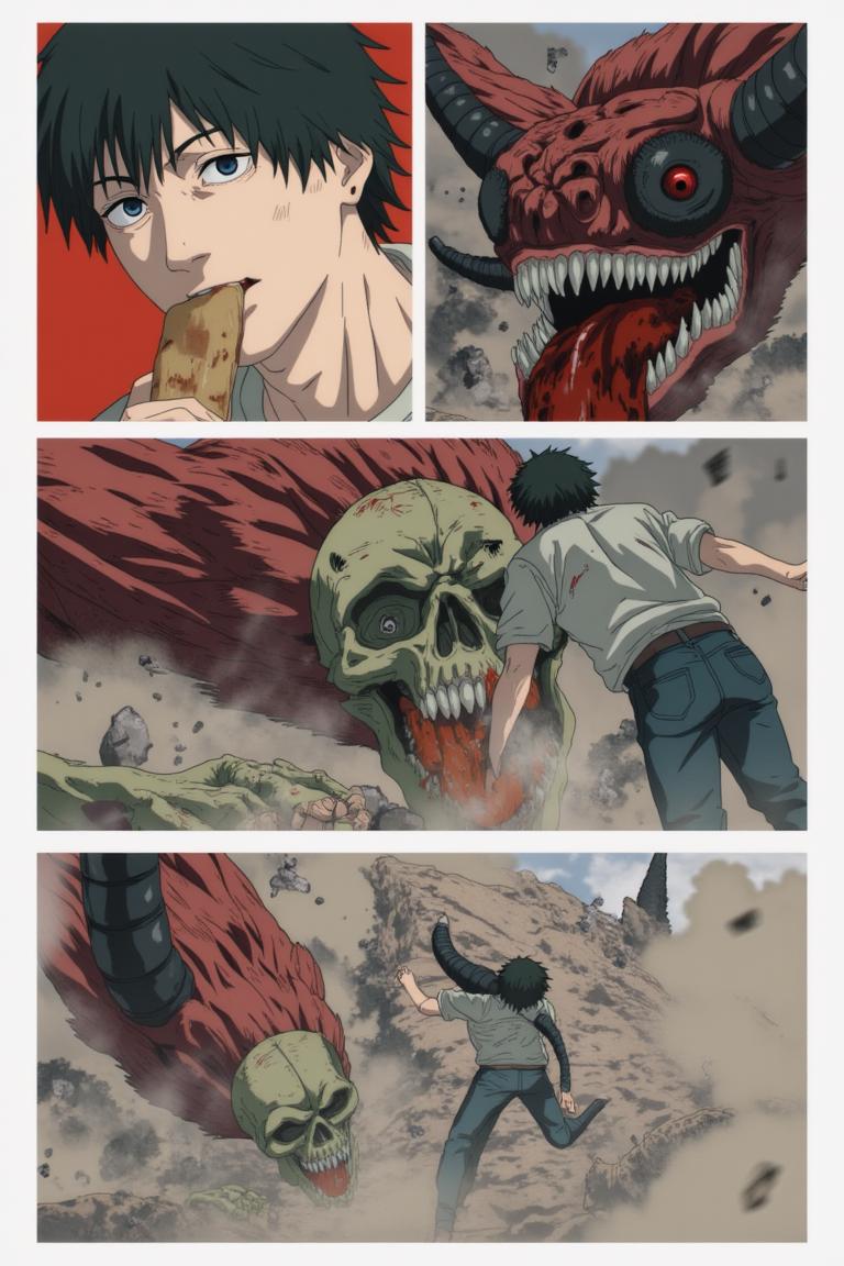 第4章:Red Maw, Green Remedy
Shisan is slammed and trapped by the flexible, brutal arms of the Zombie Demon as his regenerative Viridian Devil struggles to keep him whole. The Claw Devil and the Gluttony (Famine) Devil intervene in a savage ballet of tearing flesh and roaring hunger, turning the fight into an all-consuming purge. Exhausted and half-destroyed, Shisan collapses unconscious — only to be cradled and prodded awake by a calm woman with a braid who calls herself Makima. - 图片6