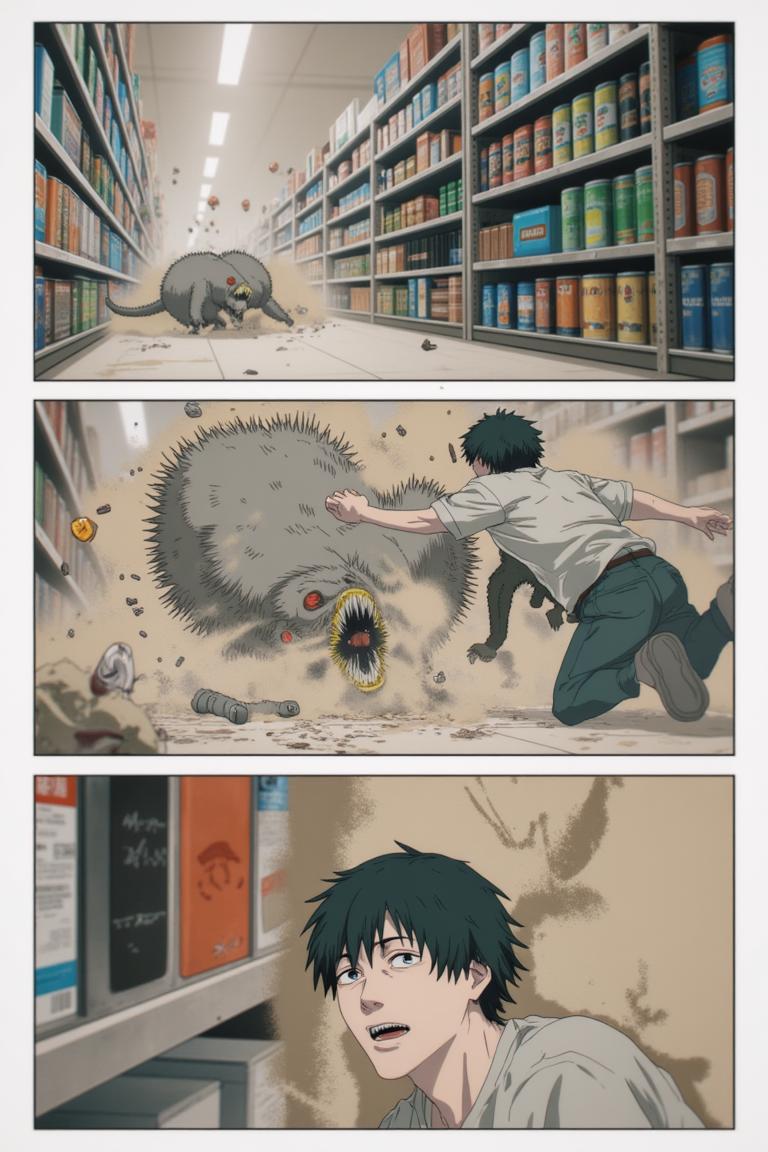 第1章:Aisle of the Rat Demon
A teenage freelance demon hunter, Shisan, wakes in a cramped apartment, hears a news report about demons, and goes out to buy instant noodles. A rat demon smashes into the convenience store — Shisan fights it off with reckless improvisation while his health pact heals him. As he lies bloodied, the looming gluttony demon briefly appears to devour the rat demon; an old boss calls with a new job offer. - 图片7