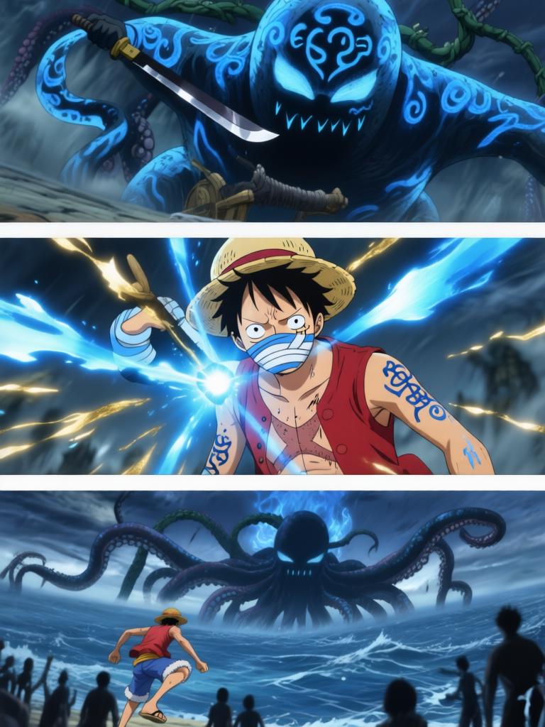 第17章:刀尖与影子：终焉前的搏斗
时间凝固，舵影扯向路飞，娜美与罗宾为了草帽与他的生命拼尽全力。面具人举刀欲献祭，幽蓝符文与甲板上的空气撕裂。就在刀尖将落下时，一个意想不到的影子掠过，打断了瞬间，也将战局推向更深的未知。 - 图片5