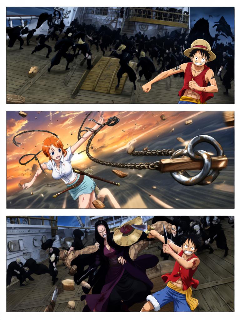 第3章:千阳号的锤音：草帽的回响
黑色舰队撞击千阳号，路飞被抛起，娜美与罗宾几乎同时伸手救他，三人之间的情感在危机中爆发。敌方欲以“D的血”和草帽为钥，旗舰下令夺取草帽。草帽在夕阳下发出异光，甲板上形成一瞬的迟疑，战斗与秘密同时走到悬崖边。 - 图片9