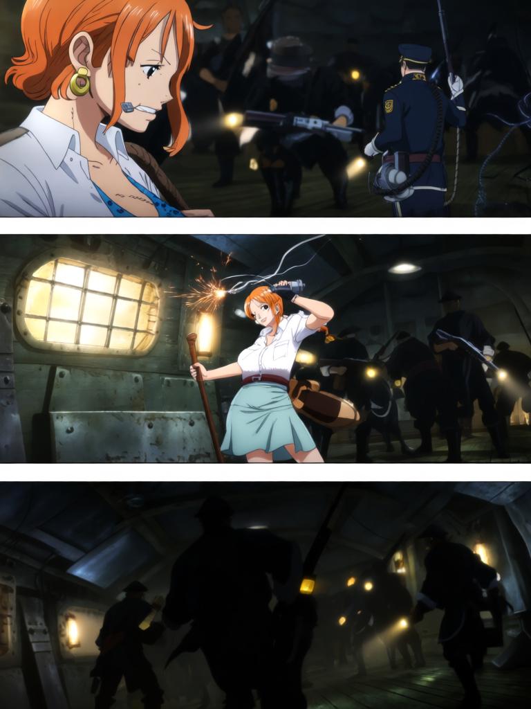 第5章:舵影之下的回归
舱内三人被束缚，敌方准备以草帽与“D”的血发动古老仪式。娜美与罗宾合力突围，将草帽试图戴回路飞，海心罗盘爆发幽蓝光芒唤醒海上的巨大舵影。舵影浮现，三人面对古老力量并肩应战，真相与毁灭的边缘一触即发。 - 图片4