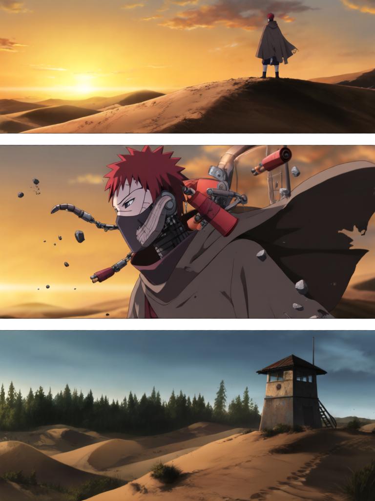 第7章:毁尸与戏码
日向镜在空中果断投掷起爆苦无，将三井中一的尸体炸得七零八落，以断绝赤砂之蝎借尸索索身份线索。回到哨所前，他将三代风影人傀儡伪装成追杀者演出受伤逃回的戏码，引出哨所内人的疑虑与恐惧。尽管暂时掩人耳目，日向镜与哨所同伴意识到更深层的威胁，怀疑有人来自根部，追击与内部裂痕的阴影尚未散去。 - 图片17