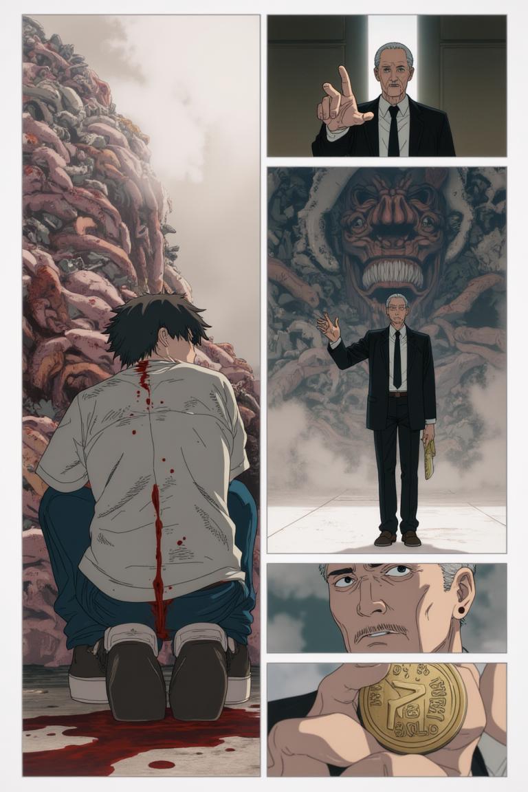 第2章:Debt, Deception, and the Corpse Mountain
Shisan, a starving teenage demon hunter, is hauled into a black-suited crime boss's convoy and learns he's enslaved by a thirty-million debt. Lured into the countryside under the promise that a powerful beast will wipe away half his debt, Shisan and the gang find an apparently haunted, empty house where the boss's men suddenly turn on him. Surrounded by zombified hunters and a towering mound of corpses, Shisan is overwhelmed by a crimson claw — the setup reveals he was led into a trap to be consumed by the very 'zombie demon' he hunted. - 图片14