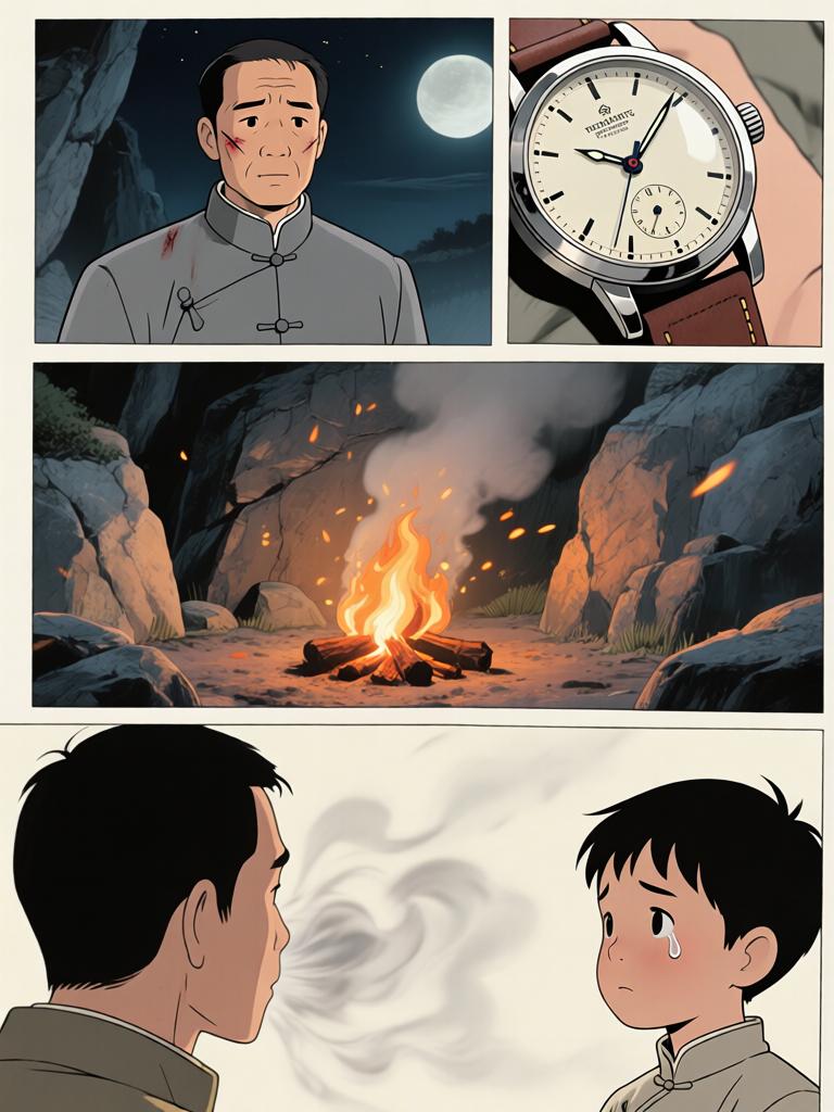 第3章:崖下的坟与承诺
我爷在深山里向我交代万一之事，叮嘱我要在二十四岁回来复仇，并教我如何在他可能牺牲时应对即将从坟中出现的东西。寒风、爆破和白布灯笼构成了这一夜的仪式，我在恐惧中被反复逼着记住每一句话。最后，火堆旁的钟表与他凝固的表情，把等待与不确定拉得更长。 - 图片12