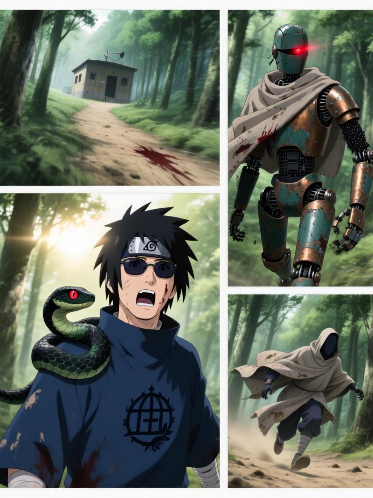 第7章:毁尸与戏码
日向镜在空中果断投掷起爆苦无，将三井中一的尸体炸得七零八落，以断绝赤砂之蝎借尸索索身份线索。回到哨所前，他将三代风影人傀儡伪装成追杀者演出受伤逃回的戏码，引出哨所内人的疑虑与恐惧。尽管暂时掩人耳目，日向镜与哨所同伴意识到更深层的威胁，怀疑有人来自根部，追击与内部裂痕的阴影尚未散去。 - 图片8