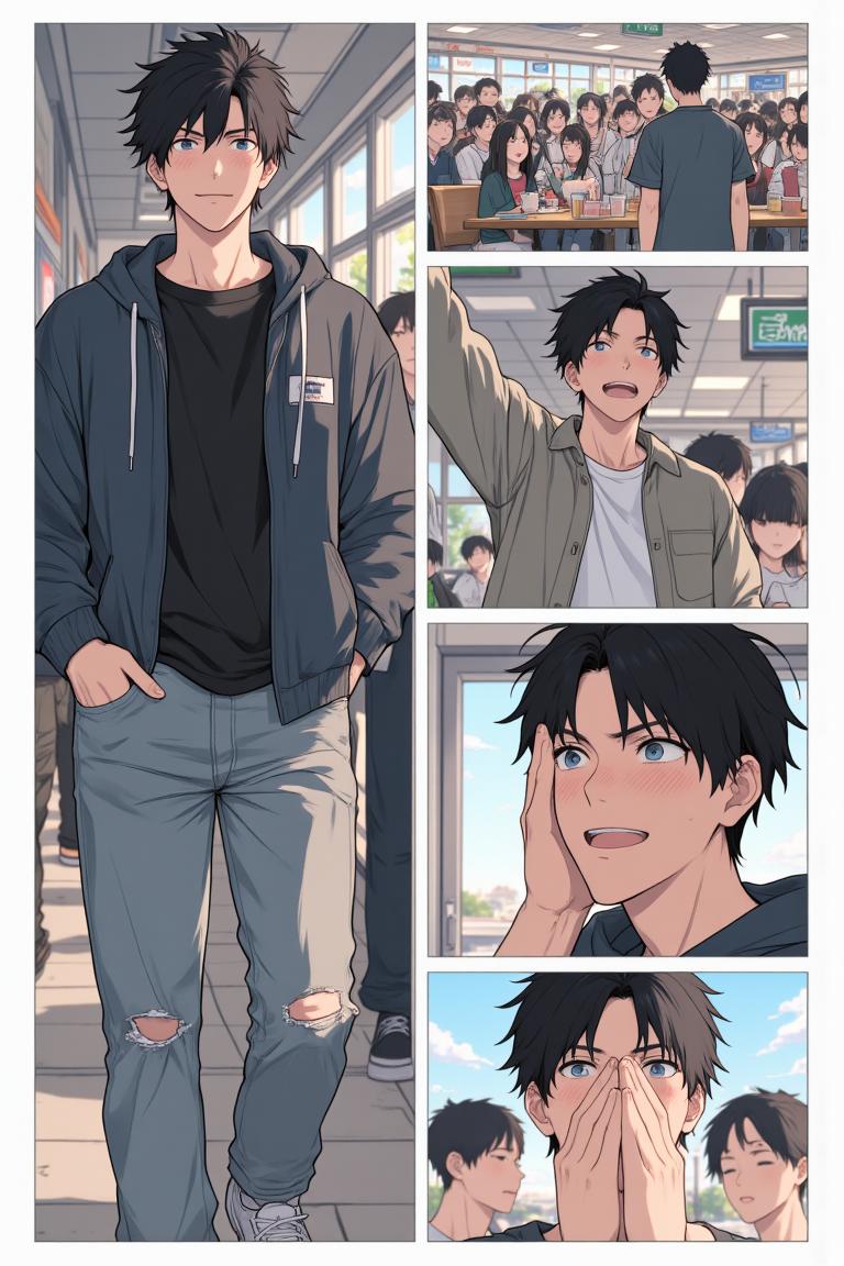 第3章:After the Rain, New Beginnings
Luo Ye shelters Su Baizhou from a sudden downpour by giving her his jacket; he watches her walk away and is struck by regret and fascination. He returns to the dorm and meets his new roommates — the friendly hometown guy Li Haoyang, the impossibly handsome Shen Qiao, and the goofy but warm Wang Dachui — and they bond over small talk and preparations for the upcoming military training. The brief rain encounter lingers in Luo Ye's thoughts as he steps into campus life with new companions. - 图片10