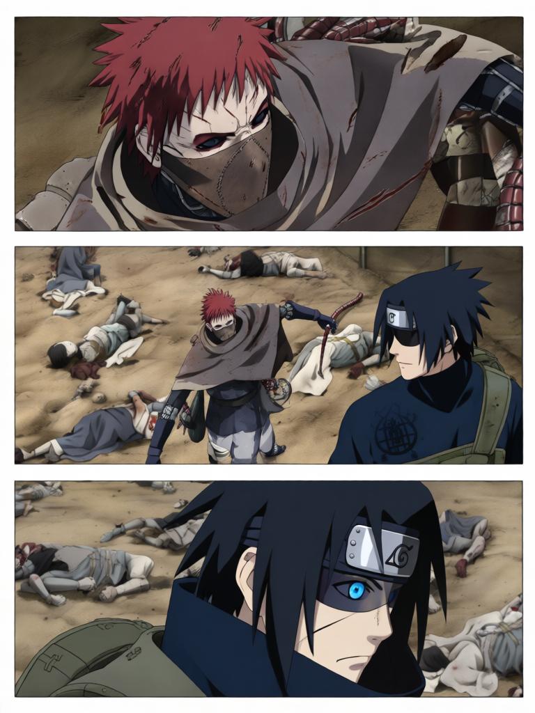 第4章:戈壁剧场：赤砂之蝎的邀约
日向镜与三井中一来到空旷接头点，远处一名裹斗篷的陌生人旁躺着几具砂忍尸体。陌生人揭下面罩，自称赤砂之蝎，现场氛围骤然恶化，沙堆中隐藏的傀儡悄然蠢动。战斗一触即发，日向镜凭借转生眼与轮转如意暂时应对，但埋伏远比想象更深，剧情以巨响与危机为结尾。 - 图片8