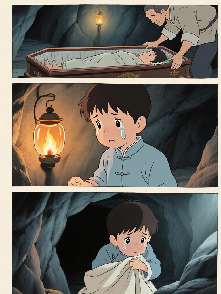 第5章:井底的回魂
野子被我爷放在洞口，用灯笼阻挡外物，他独自下到山洞里寻找命心子。在土台的土坑里挖土时，身后出现熟悉又陌生的声音，逼他回忆起三年前那段模糊又恐怖的记忆。对方宣称当年将他“掐死”，并告诉他脚下埋着当年死时穿的衣服，诱使他继续挖探真相——就在他挖出布片的一瞬，彻底的恐惧袭来，故事推向悬念。 - 图片17