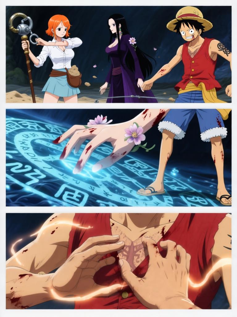 第6章:舵影的呼唤：草帽与选择
千阳号舱内，古老的舵影自舱顶翻转并释放幽蓝符文，路飞被束缚，草帽成为关键。娜美与罗宾同时奋力拆解仪器并争夺草帽，二人在危机中交叠出复杂情感。舵影最终认主，舱内与海面被神秘力量撕扯，故事在高潮的拉扯与选择中悬停。 - 图片4