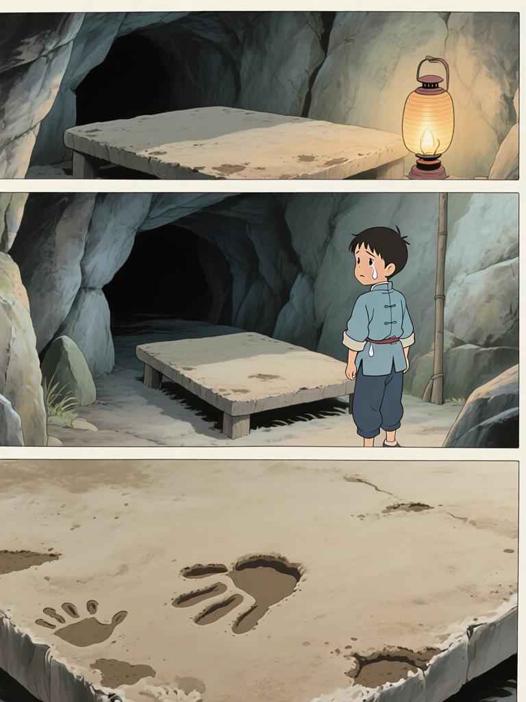 第5章:井底的回魂
野子被我爷放在洞口，用灯笼阻挡外物，他独自下到山洞里寻找命心子。在土台的土坑里挖土时，身后出现熟悉又陌生的声音，逼他回忆起三年前那段模糊又恐怖的记忆。对方宣称当年将他“掐死”，并告诉他脚下埋着当年死时穿的衣服，诱使他继续挖探真相——就在他挖出布片的一瞬，彻底的恐惧袭来，故事推向悬念。 - 图片3