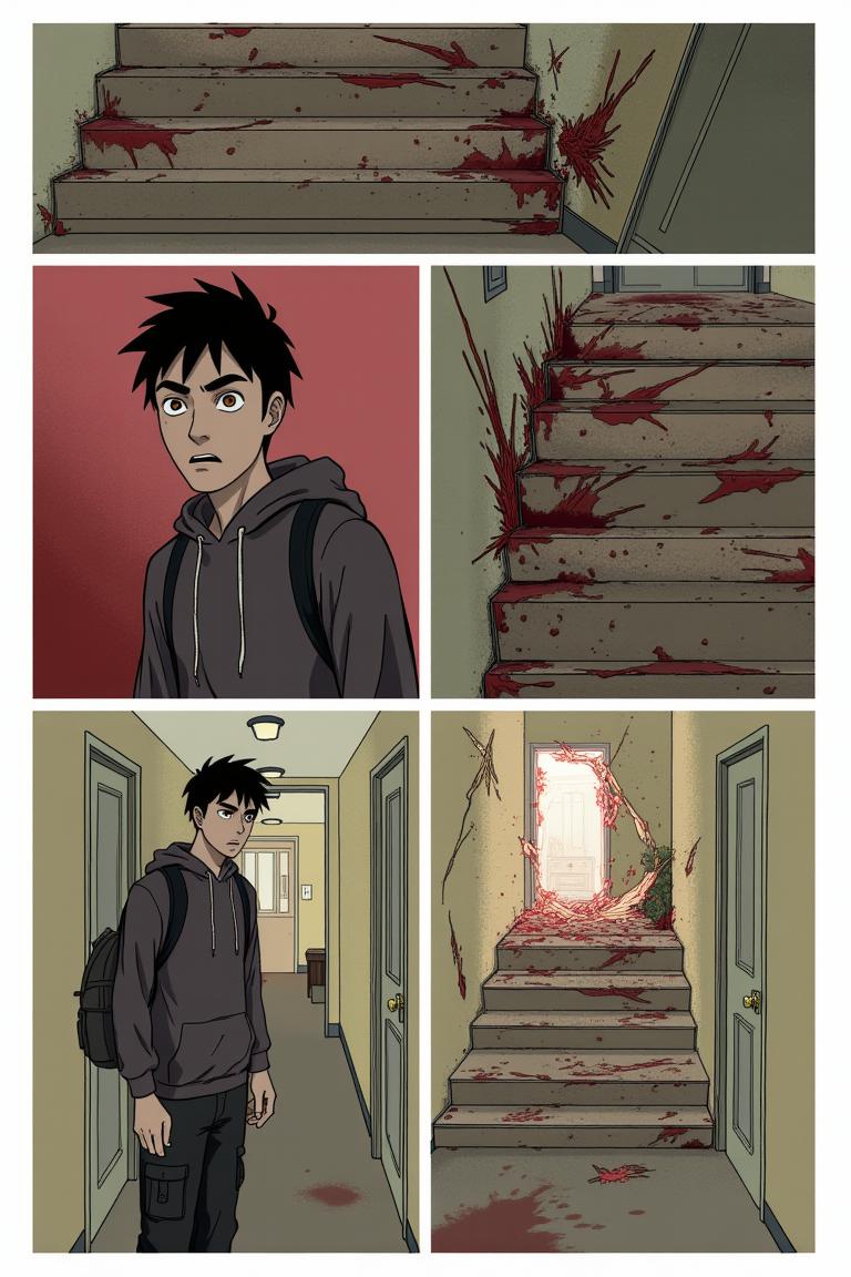 第9章:Upstairs Breath
Jiang Yi recognizes the hulking ascended zombie from the canteen massacre — the corpse whose dropped corpse-core he stole. Trapped in the guard room, he flees upstairs as zombies pound the windows and stairwells, barely holding on when a sudden female zombie ambushes him on the fourth floor. Just as he thinks to finish it, the dormitory door nearby is violently breached, forcing him to run to the fifth floor, heart pounding and hope thinning. - 图片8