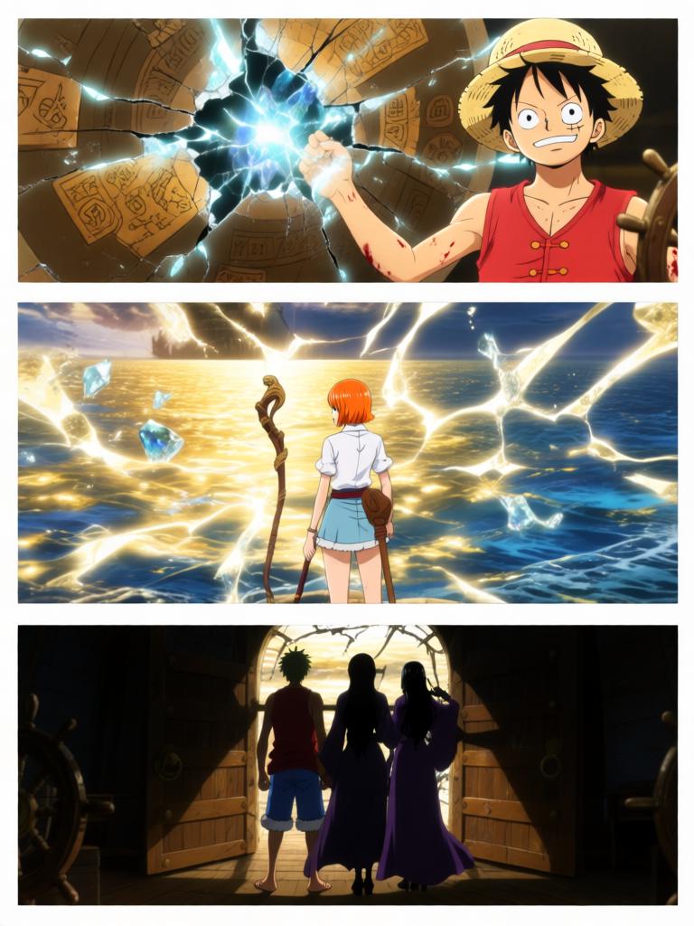 第5章:舵影之下的回归
舱内三人被束缚，敌方准备以草帽与“D”的血发动古老仪式。娜美与罗宾合力突围，将草帽试图戴回路飞，海心罗盘爆发幽蓝光芒唤醒海上的巨大舵影。舵影浮现，三人面对古老力量并肩应战，真相与毁灭的边缘一触即发。 - 图片17