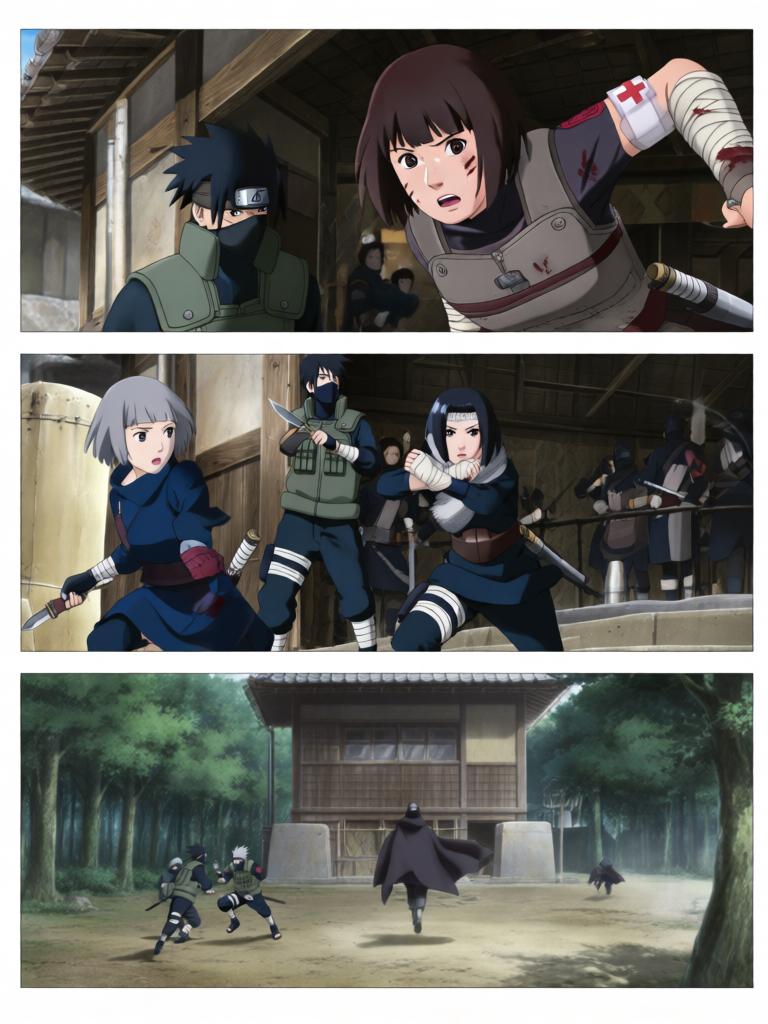 第7章:毁尸与戏码
日向镜在空中果断投掷起爆苦无，将三井中一的尸体炸得七零八落，以断绝赤砂之蝎借尸索索身份线索。回到哨所前，他将三代风影人傀儡伪装成追杀者演出受伤逃回的戏码，引出哨所内人的疑虑与恐惧。尽管暂时掩人耳目，日向镜与哨所同伴意识到更深层的威胁，怀疑有人来自根部，追击与内部裂痕的阴影尚未散去。 - 图片9