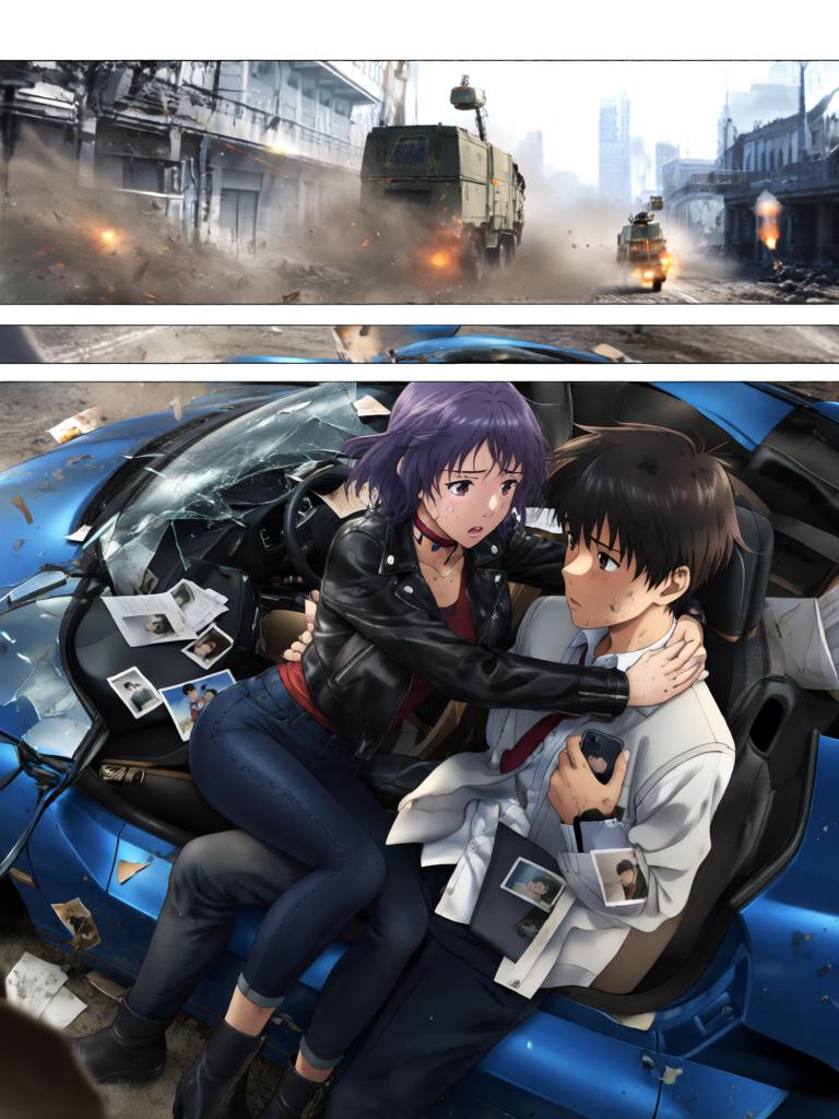 第3章:碎片与救赎的天使圈
空对地导弹射向使徒，却被看不见的屏障挡在前方，使徒反击，战机残骸四散。飞来的碎片朝街头冲来，紫发女子驾车及时横挡救下少年并带他逃离。途中国防部投放的N2地雷引发巨大爆炸，少年被冲击击晕，紫发女子焦急呼喊。 - 图片15