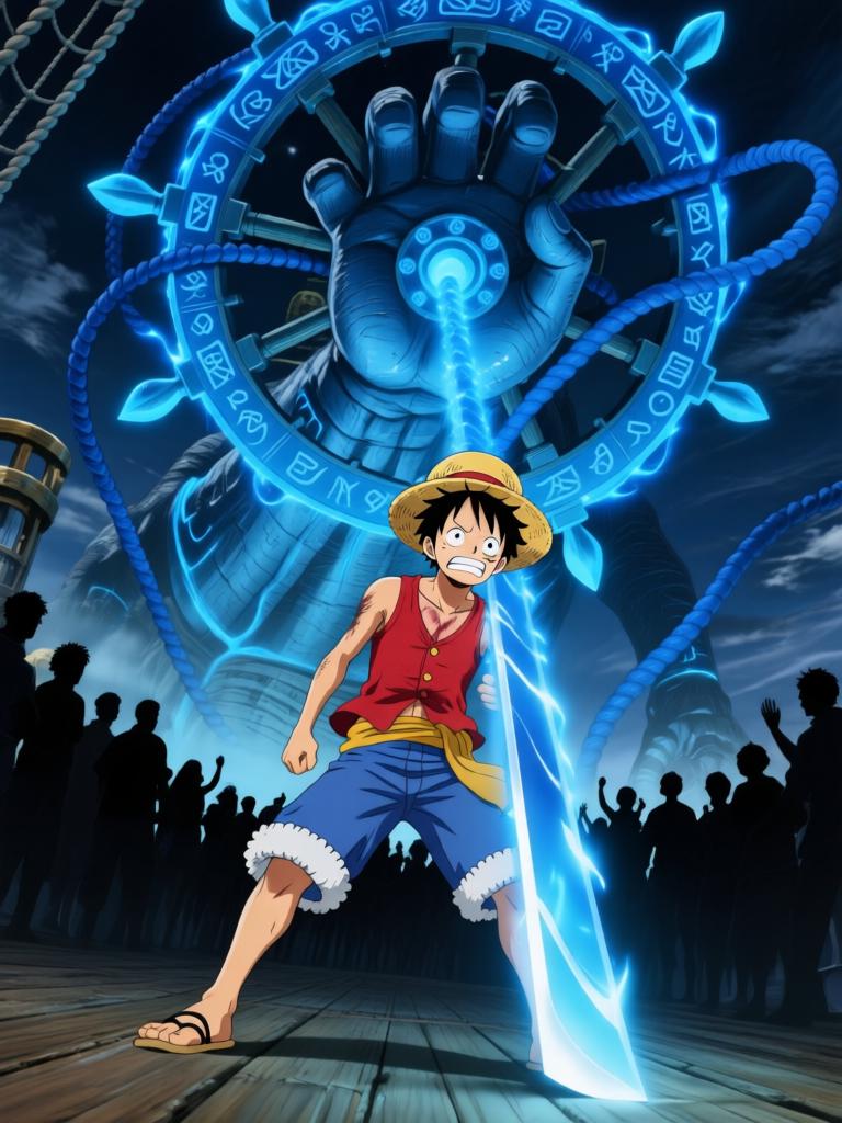 第7章:舵影之下的承诺
幽蓝符文从舵影爬下，甲板在力量下濒临撕裂，路飞被符文与锁链束缚。娜美与罗宾同时扑上，争夺草帽与救援路飞，三人间在危机中迸发出复杂的情感与决心。面具下的陌生熟面现身，宣告“D”的继承者将被揭晓，故事在刀刃和手指即将触碰的一刻定格，下一秒将改变一切。 - 图片14