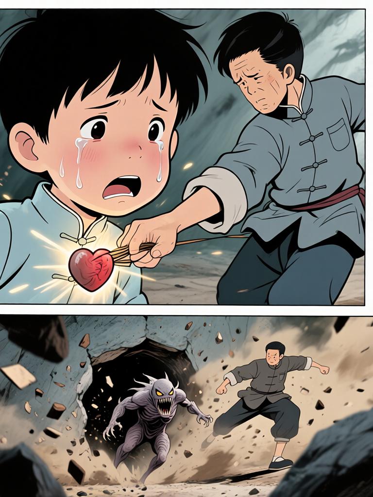 第4章:灯笼下的命心子
夜色中，陈如飞布下爆破，引出洞中的怪物；野子被炸入洞内，举灯挡住来袭生物并被迫深入寻找那生物胸中的命心子。陈如飞为保护野子与怪物搏斗，最终被拖入黑洞，野子带着命心子逃出，决心将来复仇。 - 图片12