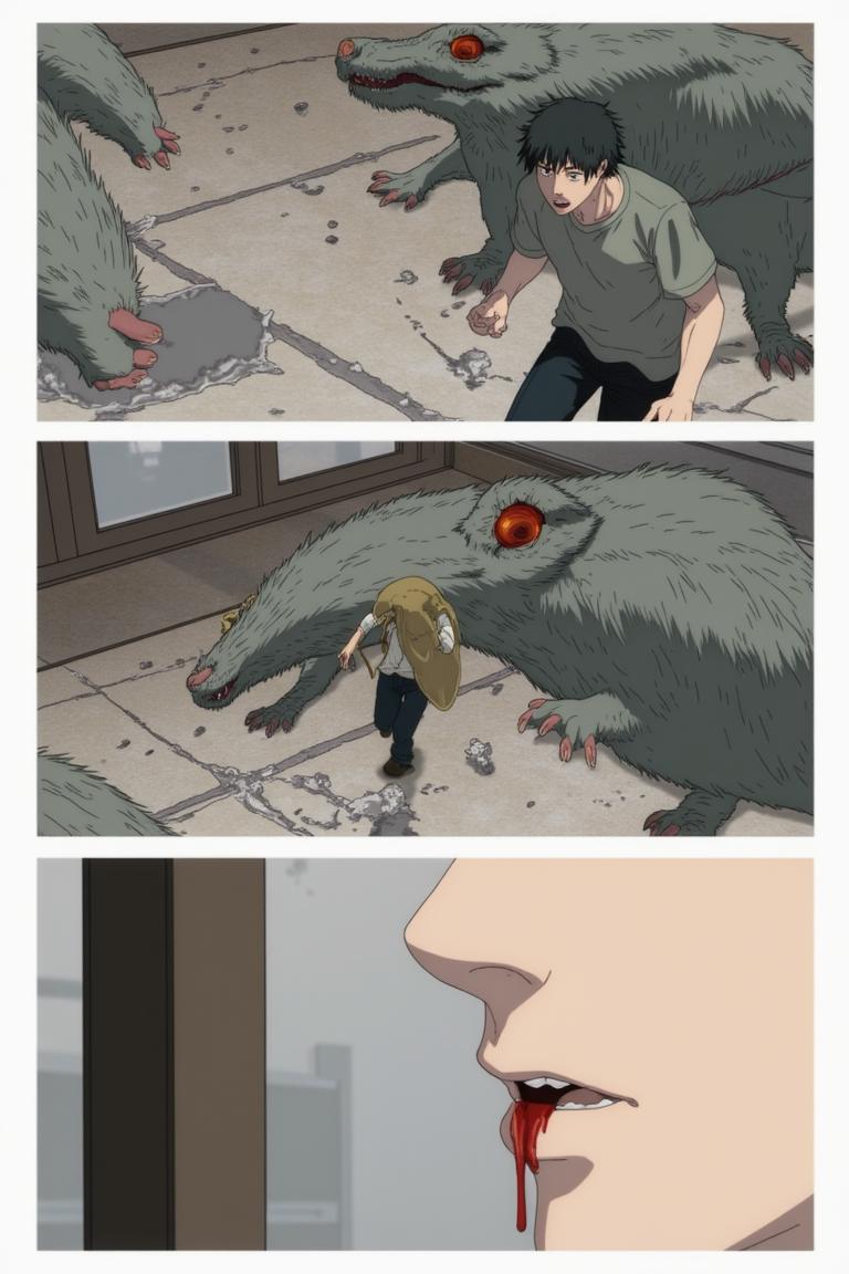 第1章:Aisle of the Rat Demon
A teenage freelance demon hunter, Shisan, wakes in a cramped apartment, hears a news report about demons, and goes out to buy instant noodles. A rat demon smashes into the convenience store — Shisan fights it off with reckless improvisation while his health pact heals him. As he lies bloodied, the looming gluttony demon briefly appears to devour the rat demon; an old boss calls with a new job offer. - 图片8