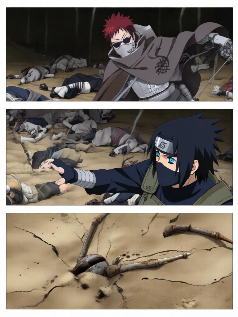 第4章:戈壁剧场：赤砂之蝎的邀约
日向镜与三井中一来到空旷接头点，远处一名裹斗篷的陌生人旁躺着几具砂忍尸体。陌生人揭下面罩，自称赤砂之蝎，现场氛围骤然恶化，沙堆中隐藏的傀儡悄然蠢动。战斗一触即发，日向镜凭借转生眼与轮转如意暂时应对，但埋伏远比想象更深，剧情以巨响与危机为结尾。 - 图片9