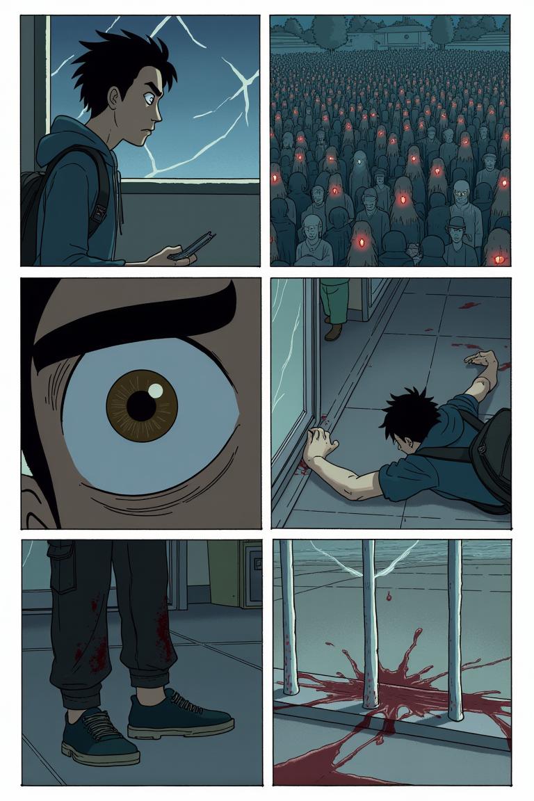 第9章:Upstairs Breath
Jiang Yi recognizes the hulking ascended zombie from the canteen massacre — the corpse whose dropped corpse-core he stole. Trapped in the guard room, he flees upstairs as zombies pound the windows and stairwells, barely holding on when a sudden female zombie ambushes him on the fourth floor. Just as he thinks to finish it, the dormitory door nearby is violently breached, forcing him to run to the fifth floor, heart pounding and hope thinning. - 图片2