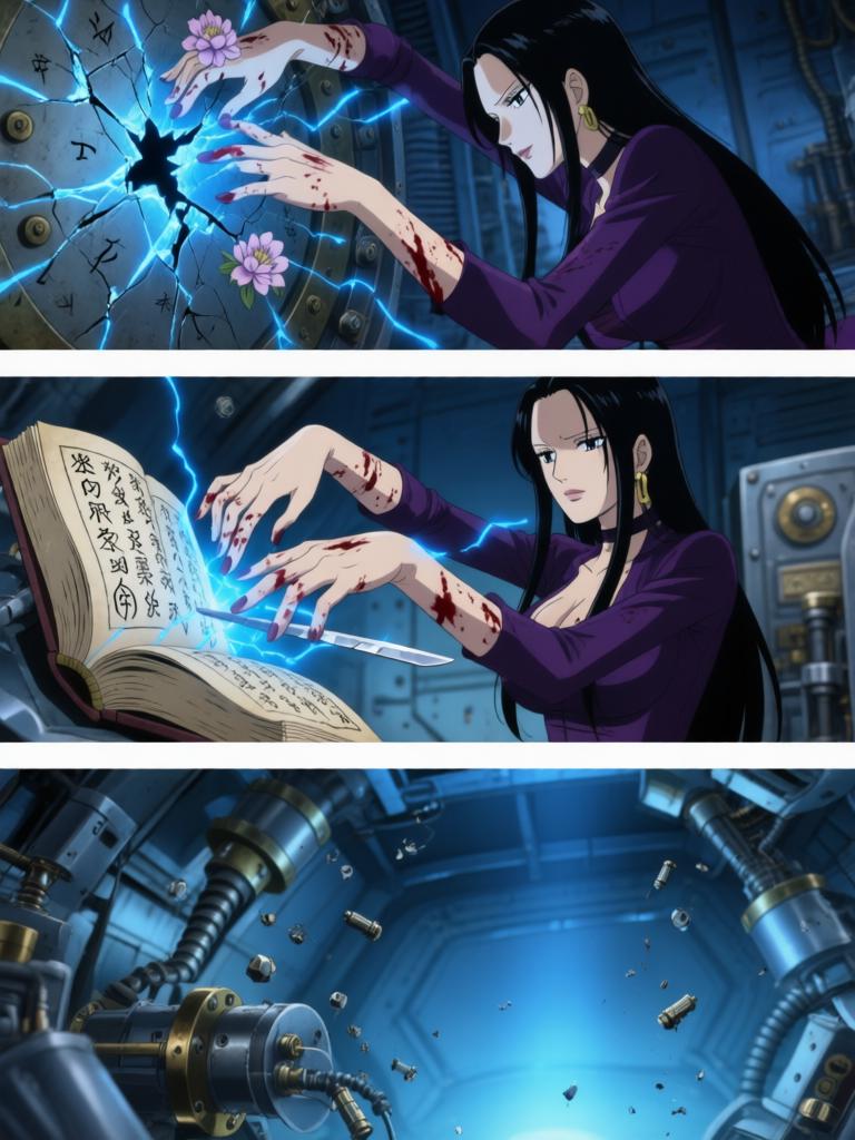 第6章:舵影的呼唤：草帽与选择
千阳号舱内，古老的舵影自舱顶翻转并释放幽蓝符文，路飞被束缚，草帽成为关键。娜美与罗宾同时奋力拆解仪器并争夺草帽，二人在危机中交叠出复杂情感。舵影最终认主，舱内与海面被神秘力量撕扯，故事在高潮的拉扯与选择中悬停。 - 图片7