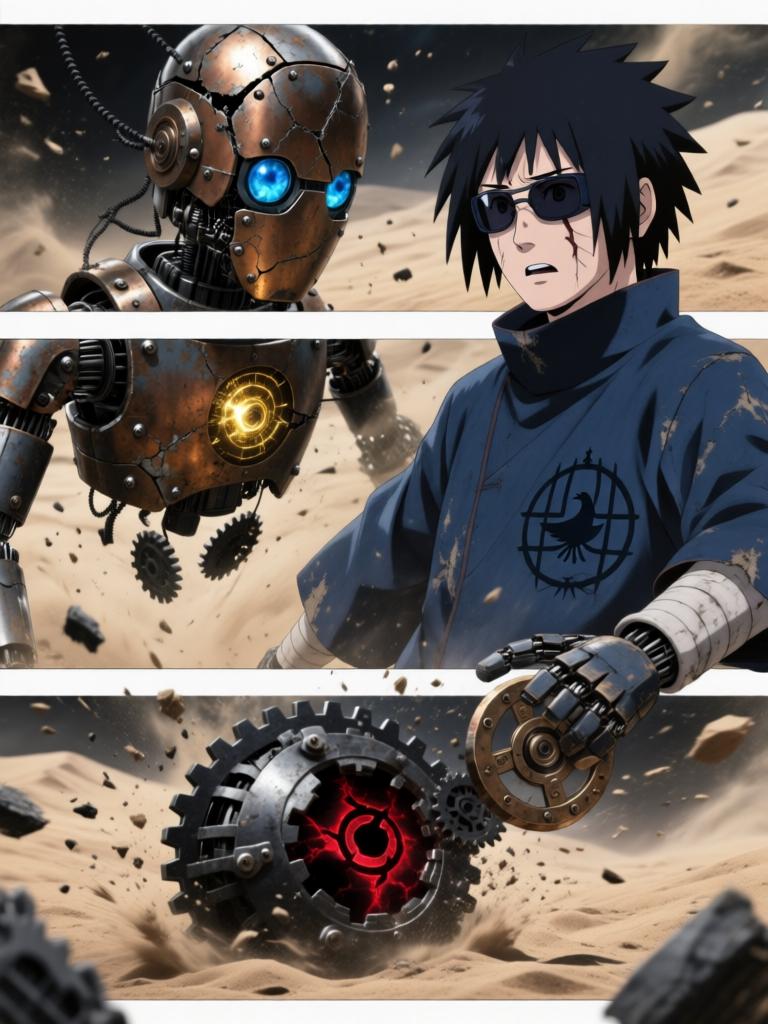 第5章:铁砂之舞与断线的假面
日向镜用轮转如意试图吸来赤砂之蝎，本以为能以此扭转劣势，结果吸来的竟是三代风影的人傀儡，查克拉线被扯断。傀儡自爆与漫天铁砂令沙场大乱，赤砂之蝎借机施展更多机关，局势危急。危急时刻，大蛇丸现身打断战局，蝎趁乱撤退，日向镜在硝烟中守住了三代风影的秘密，但新的威胁与谜题浮现。 - 图片3