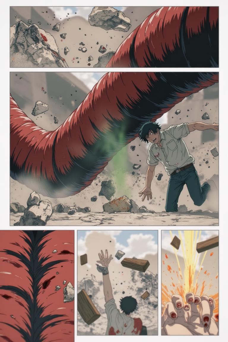 第4章:Red Maw, Green Remedy
Shisan is slammed and trapped by the flexible, brutal arms of the Zombie Demon as his regenerative Viridian Devil struggles to keep him whole. The Claw Devil and the Gluttony (Famine) Devil intervene in a savage ballet of tearing flesh and roaring hunger, turning the fight into an all-consuming purge. Exhausted and half-destroyed, Shisan collapses unconscious — only to be cradled and prodded awake by a calm woman with a braid who calls herself Makima. - 图片5