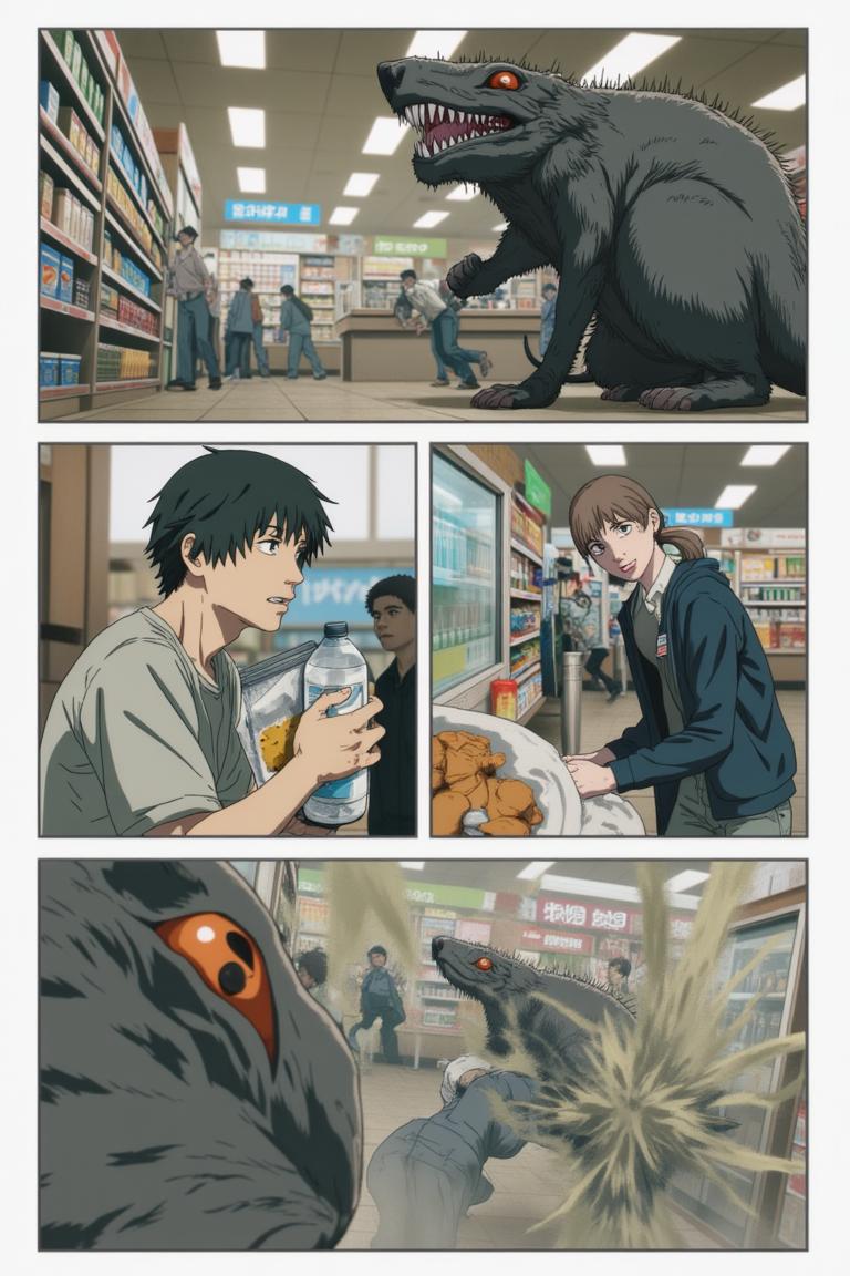 第1章:Aisle of the Rat Demon
A teenage freelance demon hunter, Shisan, wakes in a cramped apartment, hears a news report about demons, and goes out to buy instant noodles. A rat demon smashes into the convenience store — Shisan fights it off with reckless improvisation while his health pact heals him. As he lies bloodied, the looming gluttony demon briefly appears to devour the rat demon; an old boss calls with a new job offer. - 图片5