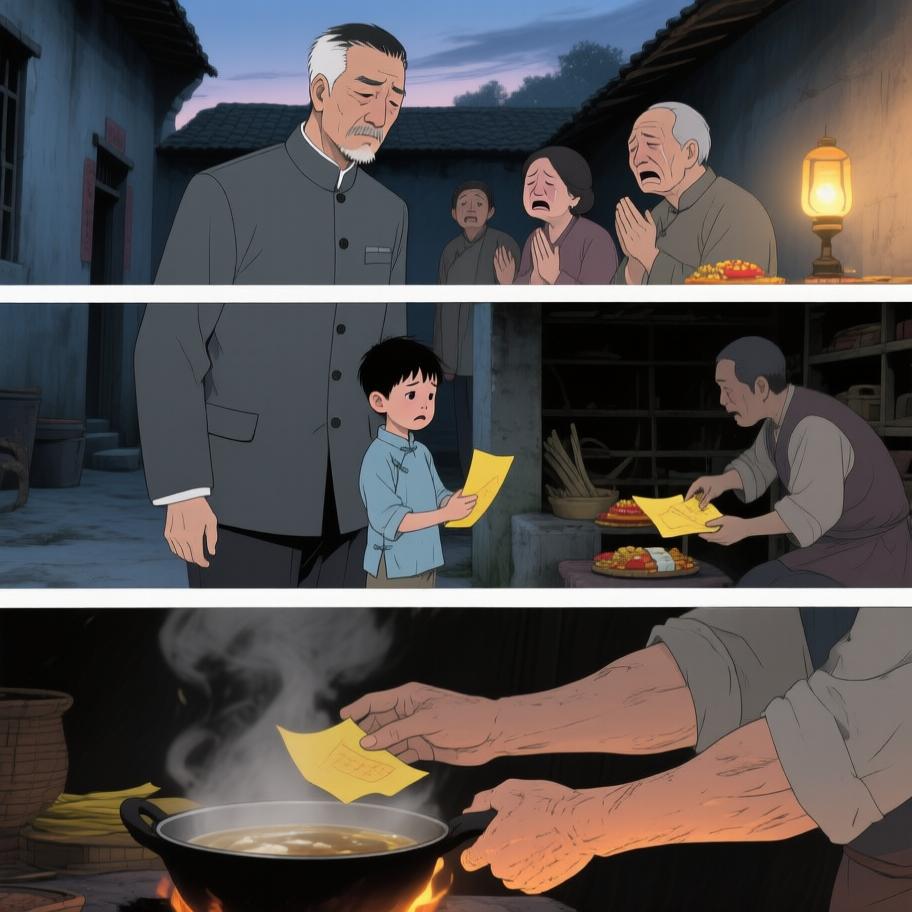 第1章:西屋的绿火与炕沿下的眼珠
我爷在打了人后若无其事带我回家并教我‘有本事能收回惹的祸’，夜里我看到他在西屋用七个白瓷盅和黄纸做法事，盅爆裂、酒流下炕沿，被一个披发、指甲乌黑的影人跪着捧酒喝去；几天后对方家人来跪求，献上黄纸祭品被我爷收下，却扔进仓房并炖了吃。我趁我爷出门偷看箱子，误用御神盅点灯油引发绿火与邪影袭来，最后我昏厥被我爷训斥，揭示我把尿撒进敬神壶冒犯了更大的神灵。 - 图片9